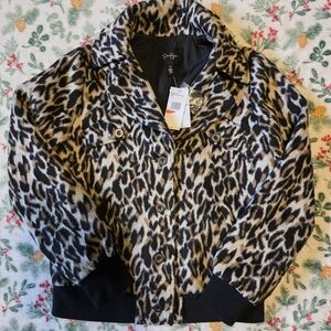 Jessica Simpson Black and Brown Leopard Bomber Jacket